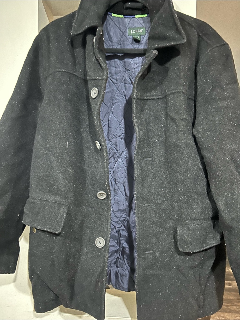 J. Crew Men's Black Wool Pea Coat with Navy Quilted Lining - Picture 2 of 4